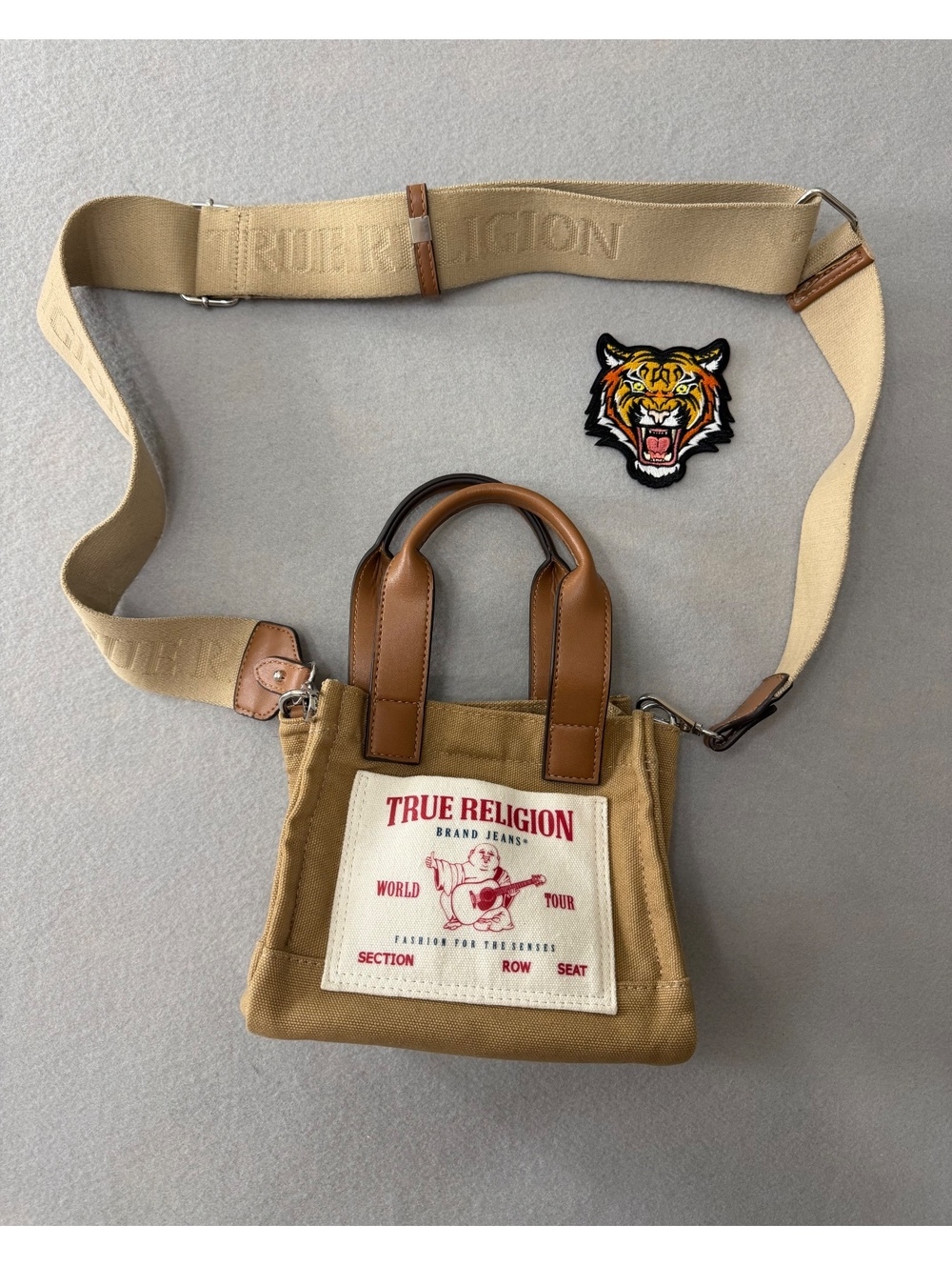 242/700 True Religion World Tour Mini Canvas Tote Crossbody Bag Tan Brown